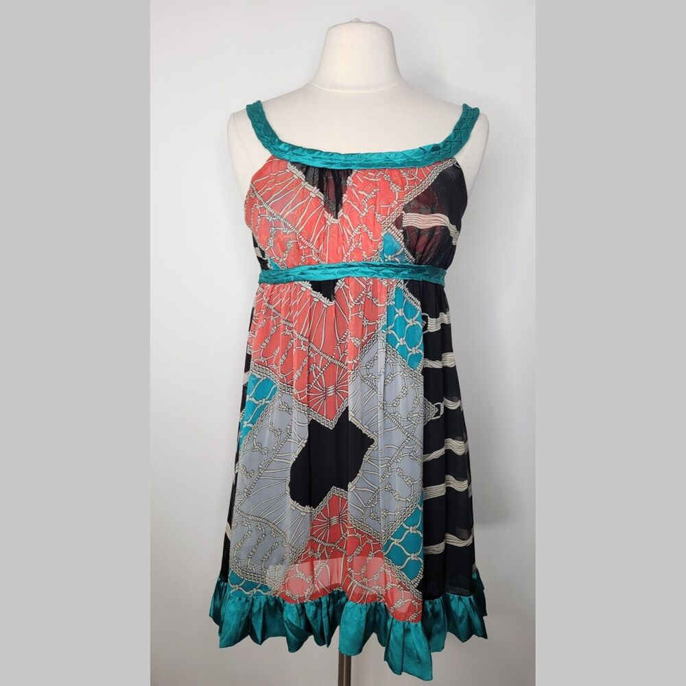 Vintage KATIA Color Block Chain Link Print Mini Dress Sz S Empire Waist Tie Back